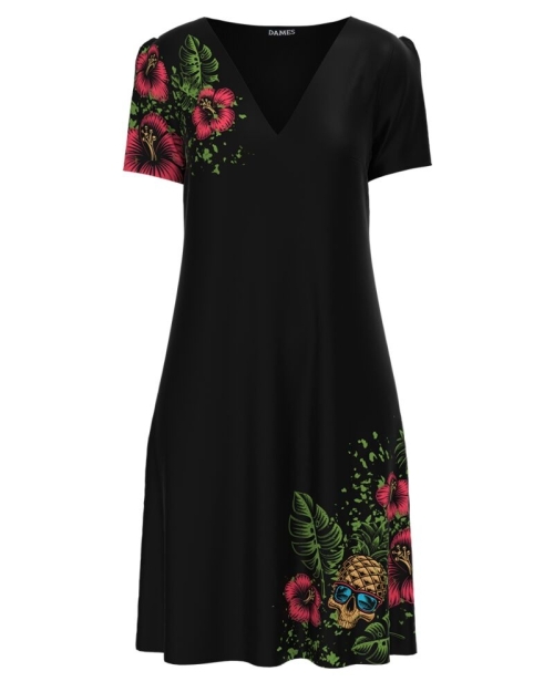 Rochie neagra casual de vara imprimată cu model Tropical CMD2799 - Img 1
