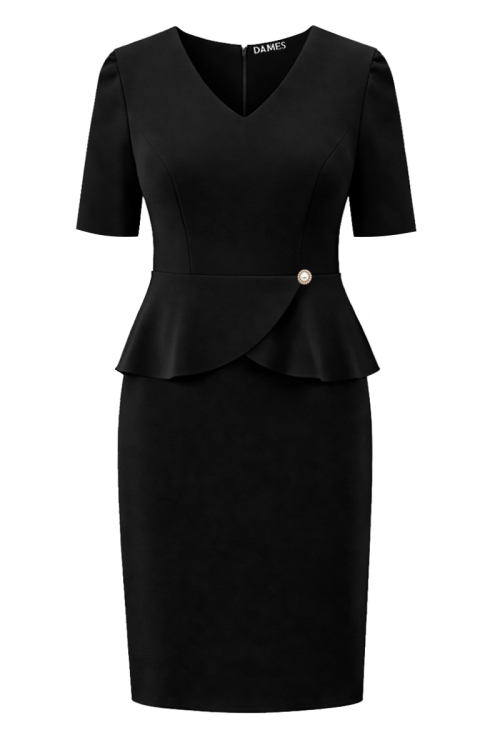 Rochie neagra conica cu decolteu in V si volane in talie