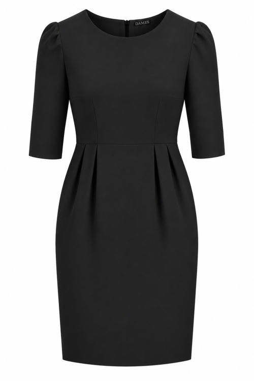 Rochie neagra cu pliuri in talie si buzunare