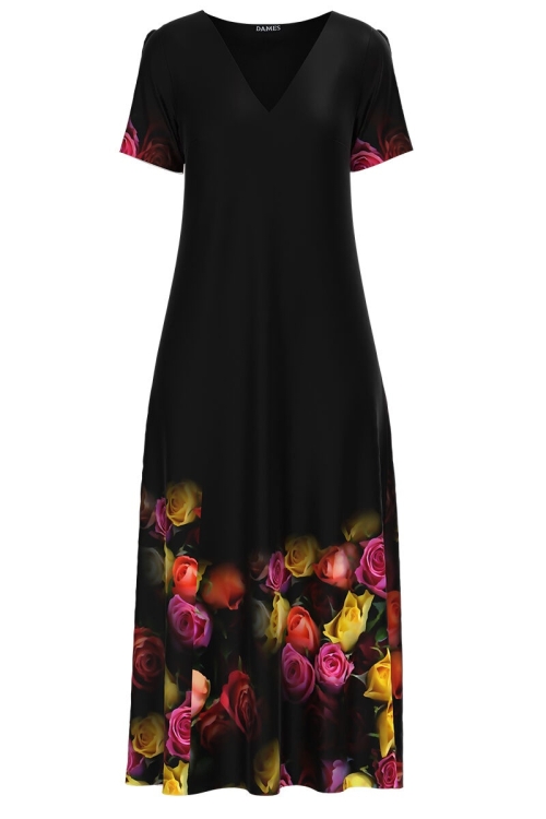 Rochie neagra de vara lunga cu buzunare imprimata trandafiri CMD2776 - Img 2