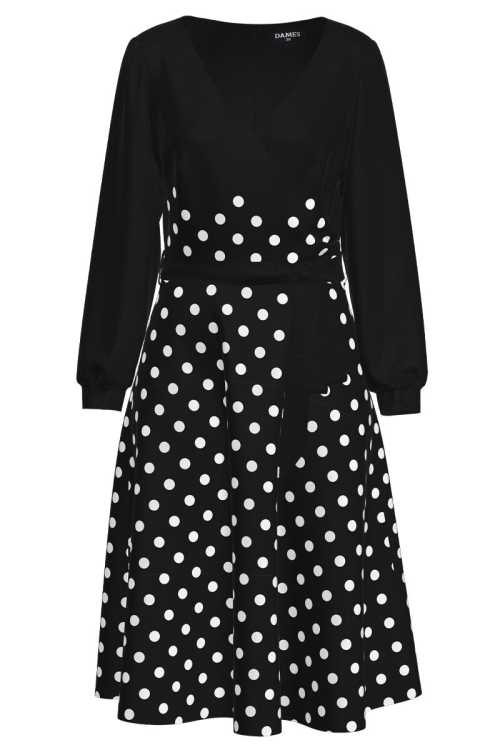 Rochie neagra eleganta cu maneca lunga imprimata buline CMD1475 - Img 2