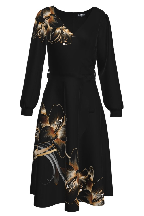 Rochie neagra eleganta cu maneca lunga imprimata Crini CMD1507 - Img 2