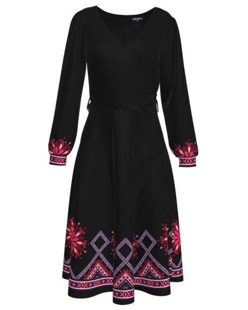 Rochie neagra eleganta cu maneca lunga imprimata cu model Etnic