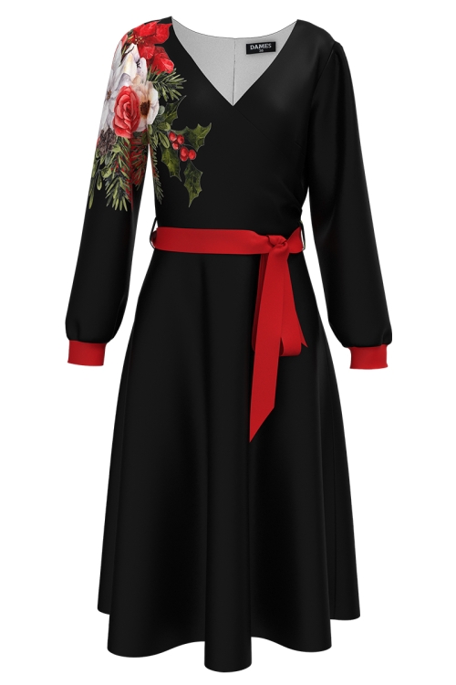 Rochie neagra eleganta cu maneca lunga imprimata floral