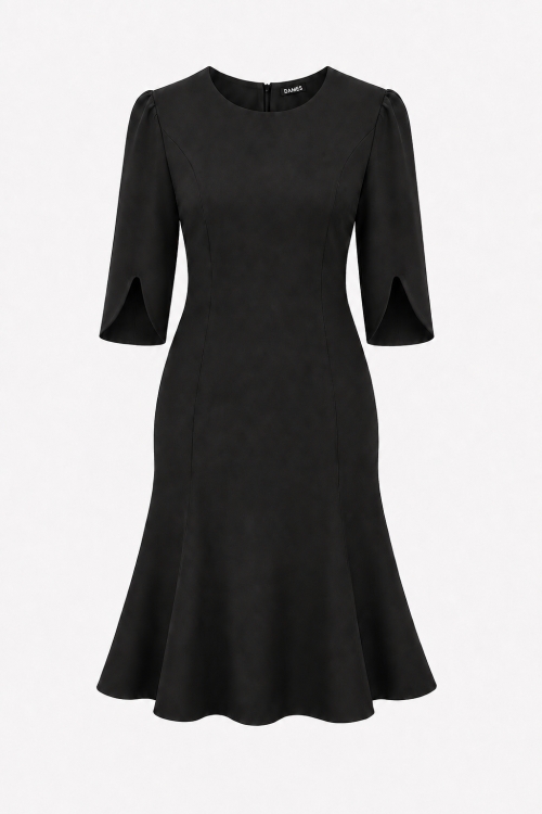 Rochie neagra in clini cu maneca asimetrica
