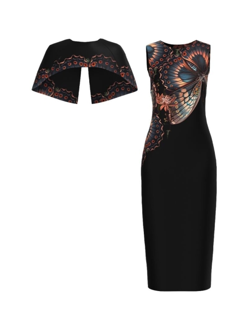 Rochie neagra lunga cu capa detasabila imprimata fluturi CMD4861 - Img 2