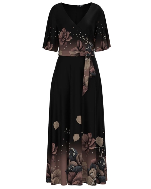 Rochie neagra lunga eleganta de seara imprimata cu model floral CMD2586