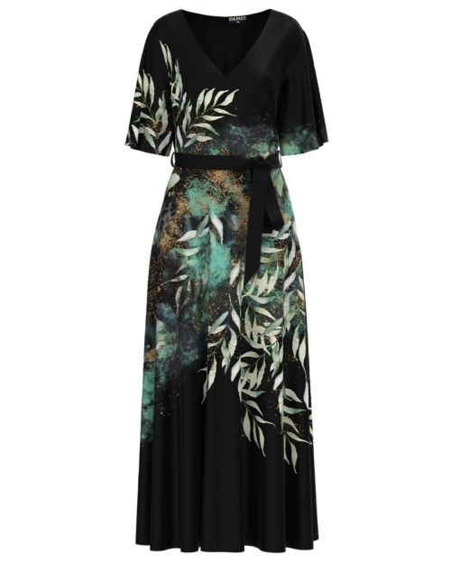 Rochie neagra lunga eleganta de seara imprimata digital cu model Frunze CMD1061 - Img 1
