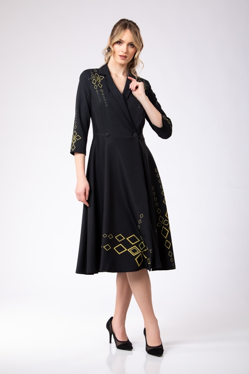 Rochie neagra tip pardesiu petrecuta cu imprimeu Infinit - Img 3