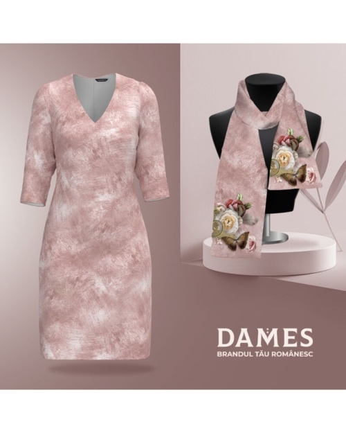 Rochie office cu decolteu in V imprimata in nuante de roz CMD4845 - Img 2