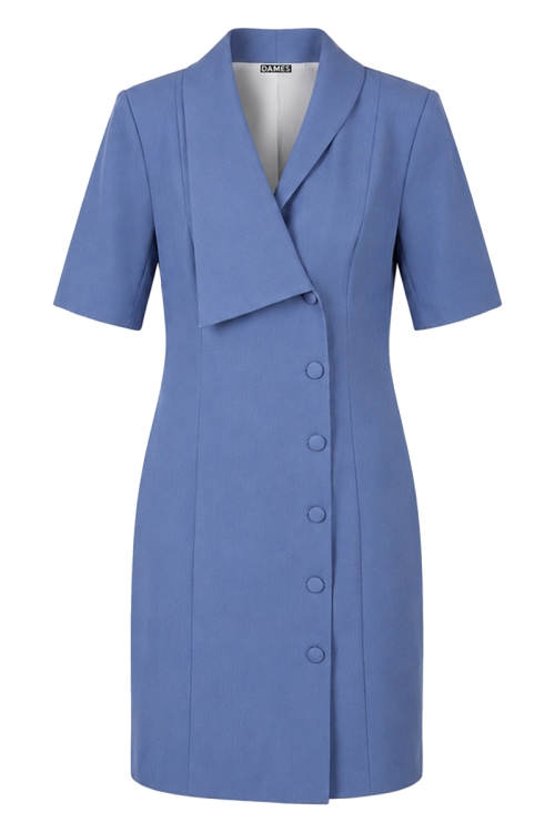 Rochie office denim cambrata cu rever asimetric si nasturi