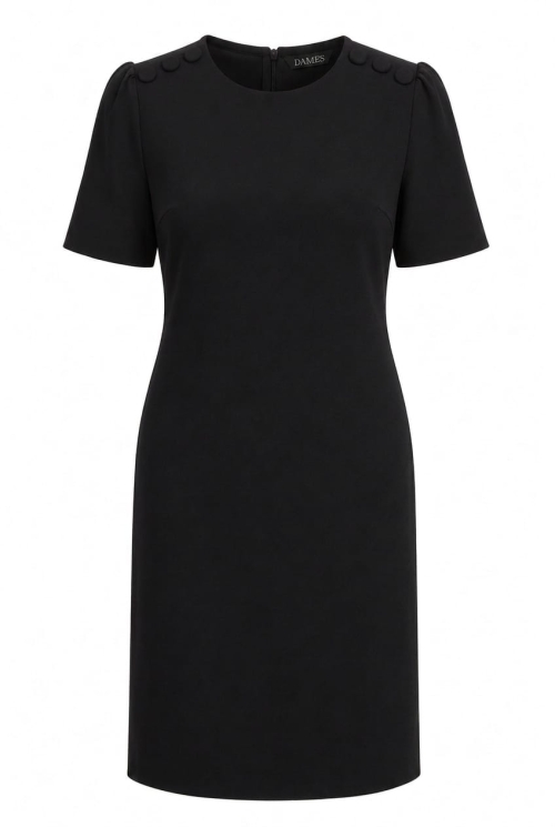 Rochie office neagra cu nasturi decorativi pe umeri