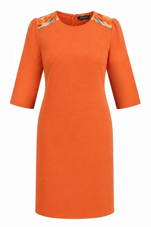 Rochie oranj cu maneca trei sferturi si detalii decorative pe umeri