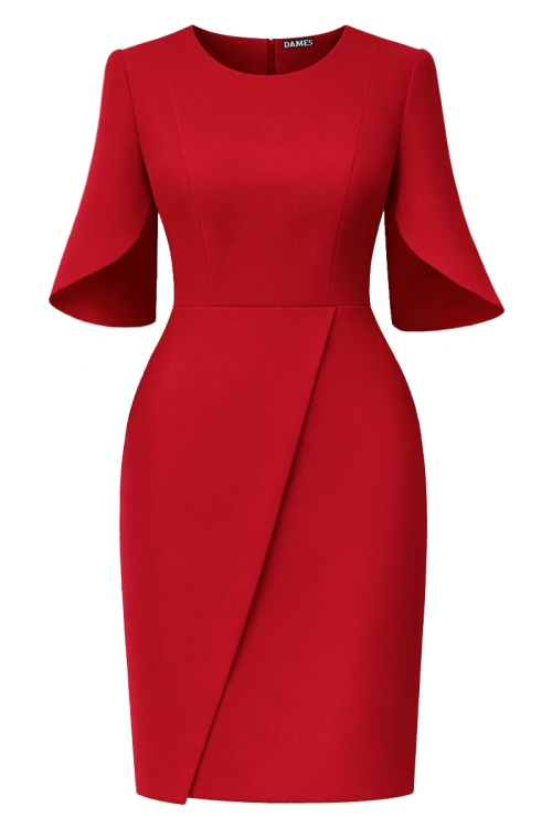 Rochie rosie eleganta cu maneci asimetrice si fusta tip lalea