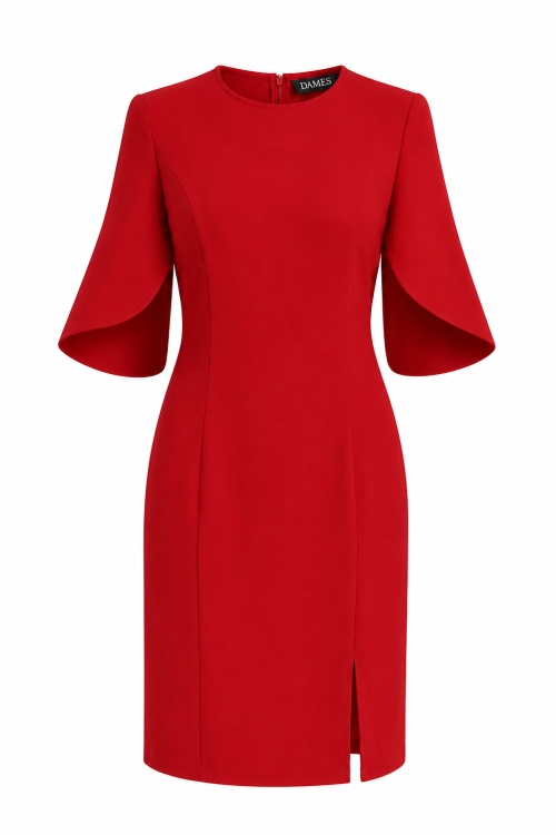 Rochie rosie eleganta cu maneci asimetrice si slit pe picior