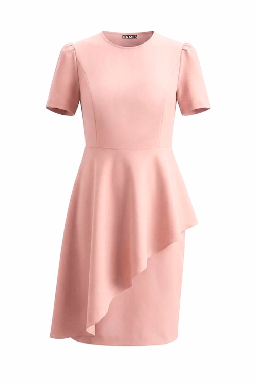Rochie roz eleganta cu maneca scurta si volan asimetric