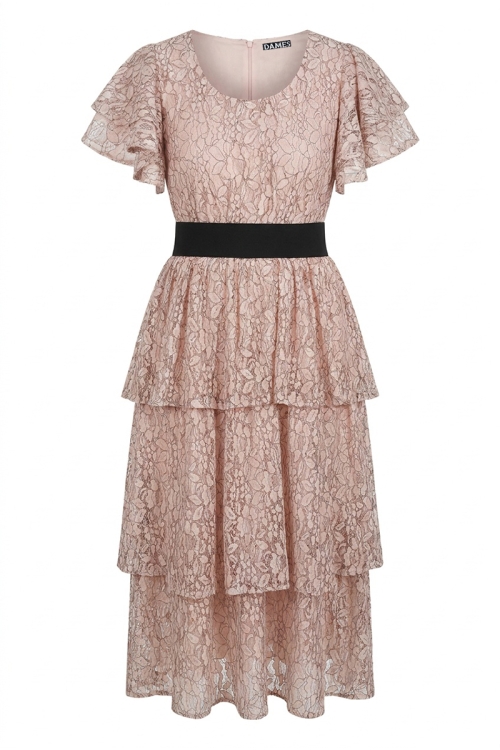 Rochie roz pal din dantela cu volane si cordon in contrast
