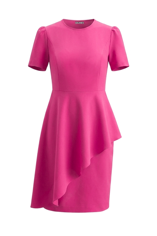 Rochie roz trandafiriu eleganta cu maneca scurta si volan asimetric