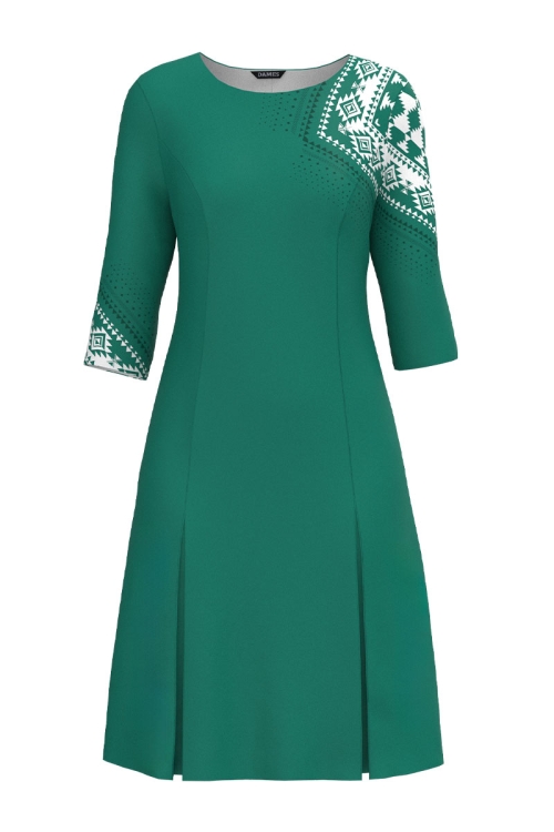 Rochie verde cu pliuri imprimata traditional