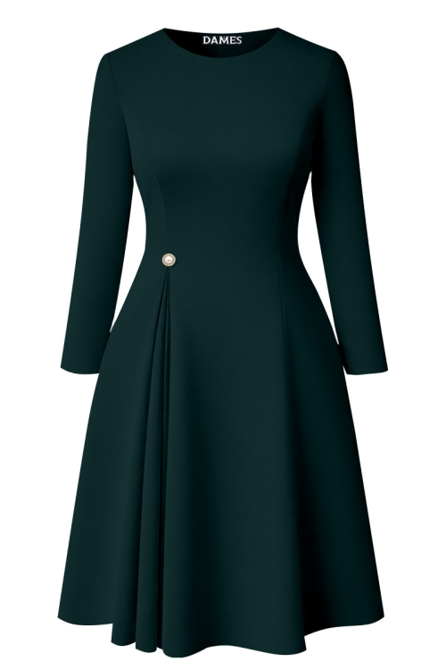 Rochie verde inchis eleganta cu pliuri si nasture bijuterie