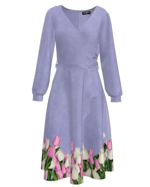 Rochie violet eleganta cu maneca lunga imprimata cu model Lalele CMD2638 - Img 1