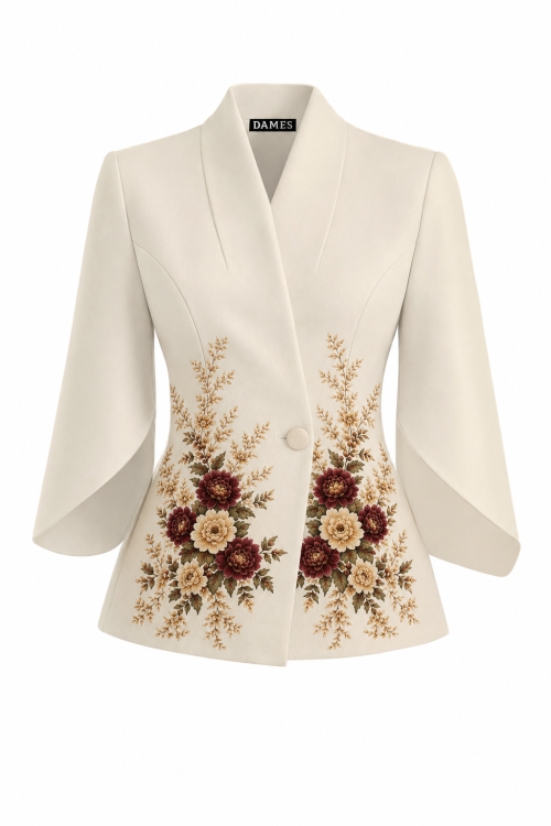 Sacou elegant cu maneci trei sferturi asimetrice imprimat Royal Garden