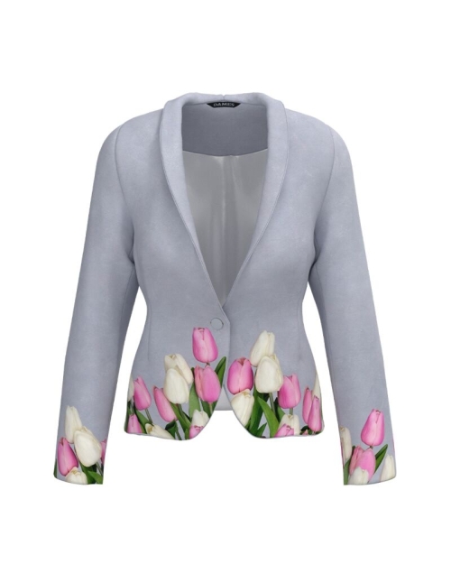Sacou gri cambrat imprimat cu model floral Lalele CMD2290 - Img 1