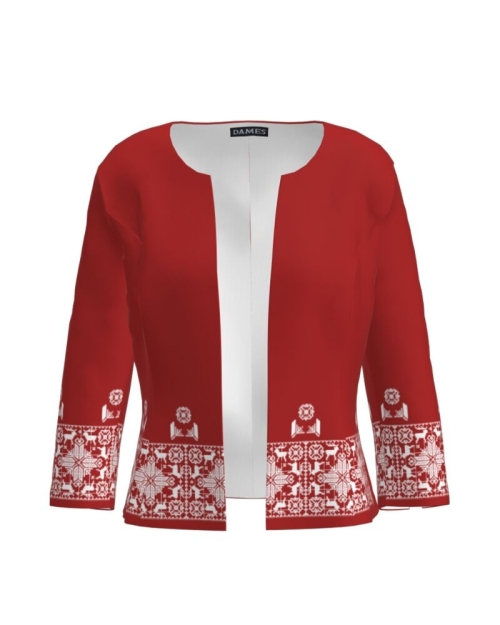 Sacou rosu cambrat imprimat cu model traditional CMD1964