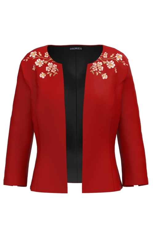 Sacou rosu corai cambrat imprimat floral
