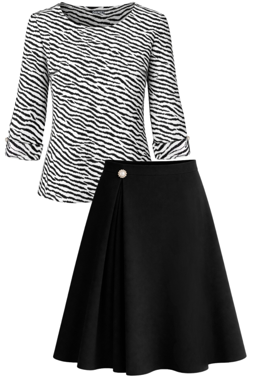 Set dama bluza alb negru din voal si fusta neagra in clos cu pliuri