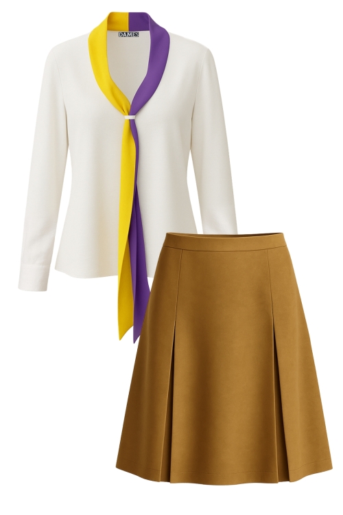 Set dama bluza alba cu guler esarfa galben & mov si fusta din suedete cu pliuri