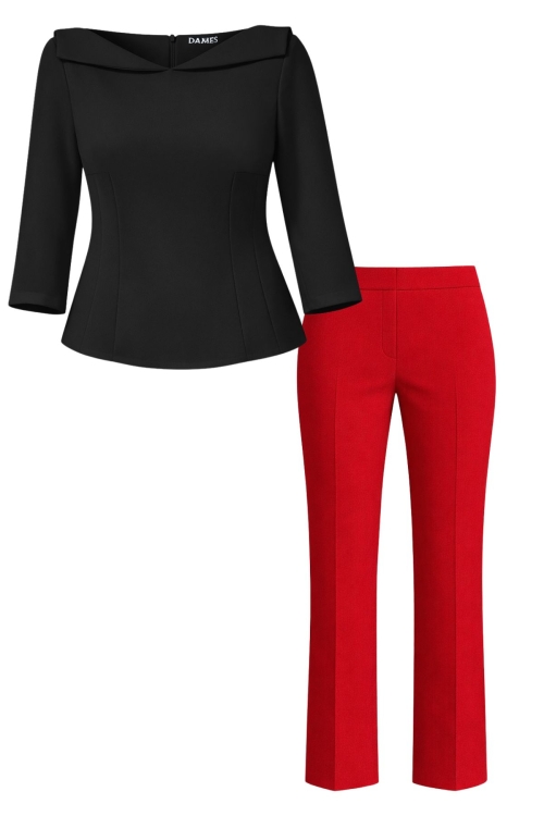 Set dama premium bluza neagra si pantalon drept rosu