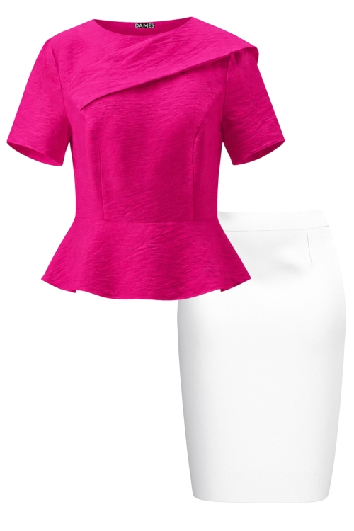 Set elegant bluza fucsia cu detaliu si fusta conica alba