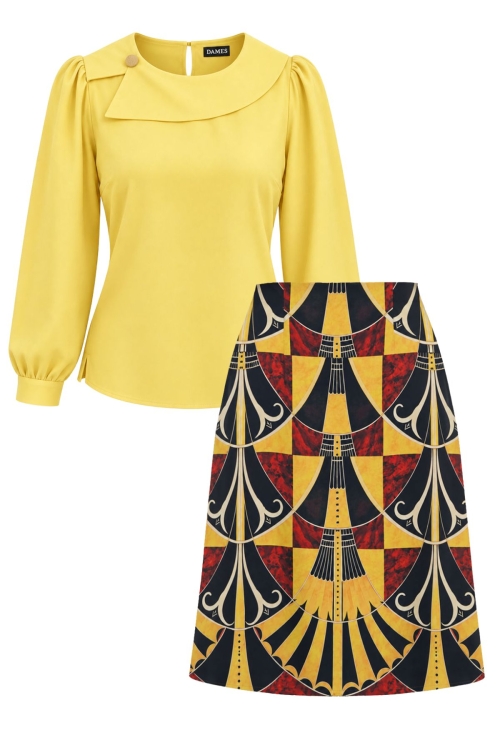 Set elegant bluza galbena din vascoza cu guler asimetric si fusta in A din velur cu imprimeu Evantai