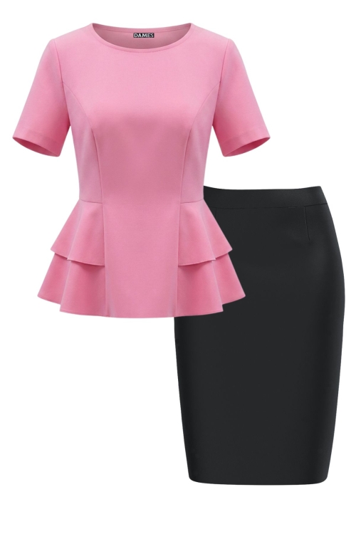 Set elegant bluza roz cu volane laterale si fusta conica neagra