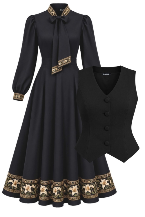 Set elegant rochie neagra cu guler esarfa si vesta neagra eleganta
