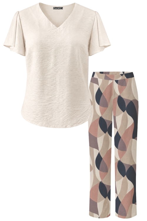 Set pantalon drept Armonii Pudrate si bluza bej cu maneci despicate