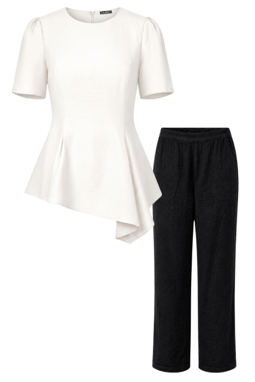 Set pantalon drept negru si bluza alba din vascoza cu maneci asimetrice