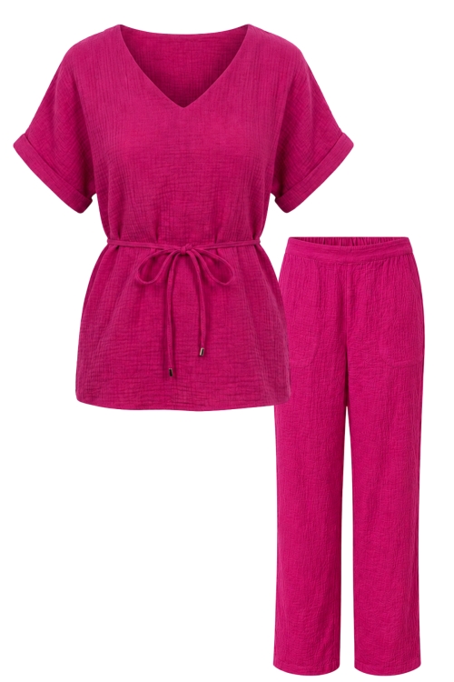Set roz din muselina pantalon si bluza cu maneca raglan