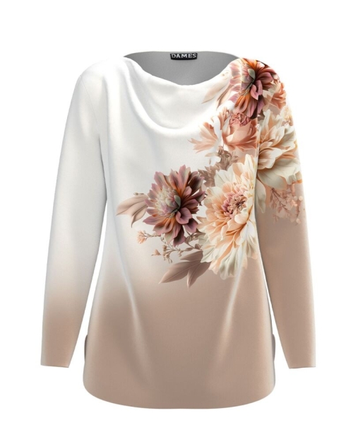 Bluza alb si bej din catifea cu imprimeu floral CMD4736