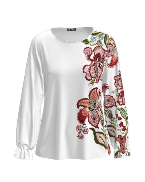 Bluza alba cu maneca lunga imprimata cu model floral CMD2015