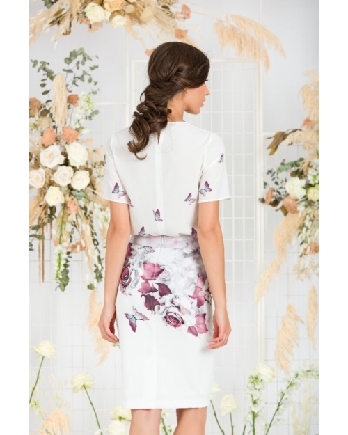 Bluza alba cu maneca scurta de vara imprimata flori si fluturi CMD748 - Img 6
