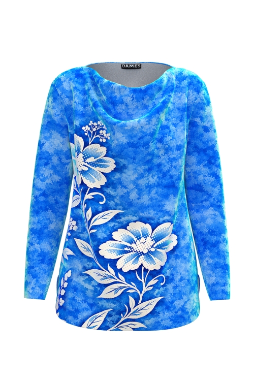 Bluza albastra din catifea cu imprimeu floral