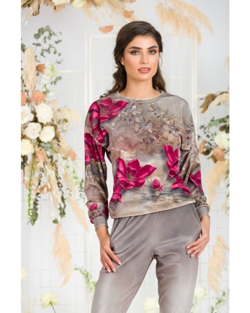 Bluza bej cu imprimeu floral tip hanorac din catifea CMD512 - Img 1