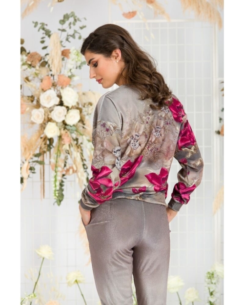Bluza bej cu imprimeu floral tip hanorac din catifea CMD512 - Img 4