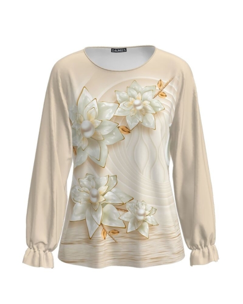 Bluza bej cu maneca lunga imprimata cu model floral CMD1568