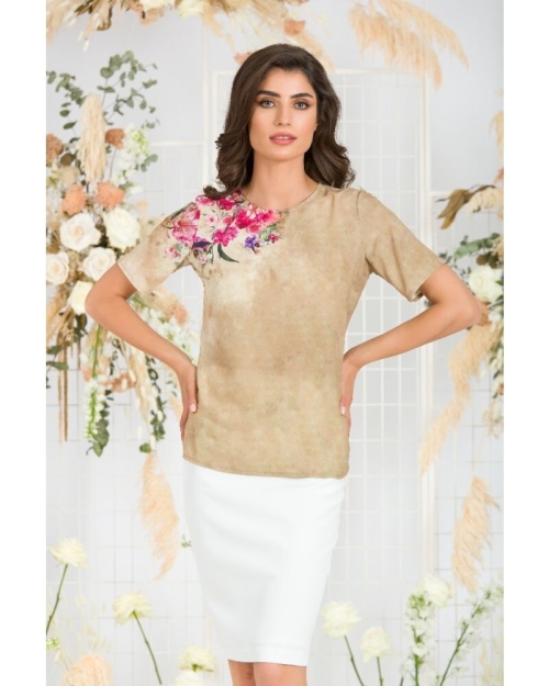 Bluza bej de vara cu maneca scurta si imprimeu floral CMD760 - Img 4