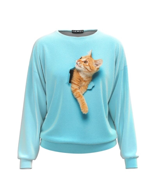 Bluza bleu tip hanorac din catifea cu imprimeu Pisica CMD3741 - Img 1