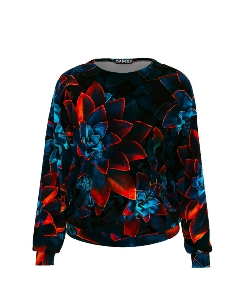 Bluza bleumarin tip hanorac din catifea cu print floral CMD462 - Img 1