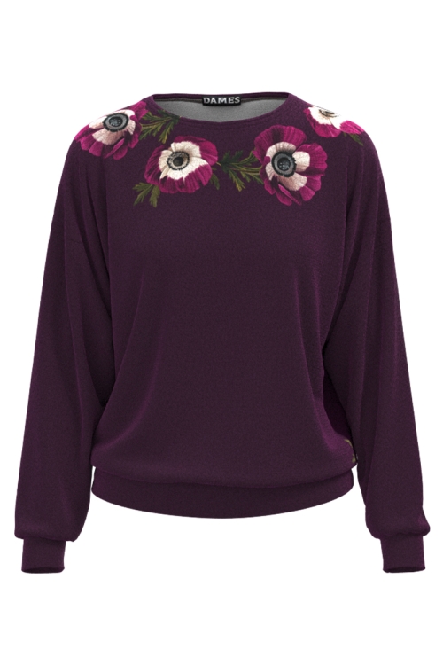 Bluza bordo tip hanorac din catifea cu imprimeu Anemone